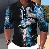 economico Polo con stampa animalier da uomo-Per uomo Lupo Polo Maglia da golf Manica Lunga Magliette polo Camicie con Colletto Casual Divertente Abbigliamento da vacanza Abiti da festa Bottoni Stampa 3D Autunno &amp; Inverno Rosso Blu Verde