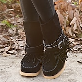 olcso Slouch Boots-női rojtos velúr mokaszin csizma csatos részletekkel - lezser és kényelmes western stílusú bokacsizma