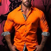 preiswerte Herrenhemd zum Knöpfen-Herren Hemd Knopfhemd Lässiges Hemd Schwarz Orange Langarm Plaid / Karomuster Patchwork Kargen Halloween Täglich Bekleidung Modisch Brautkleider schlicht Komfortabel