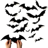 olcso Halloween matricák-72 db denevér fali dekor halloween dekoráció, 3d denevér matrica otthoni dekorációhoz 4 méretű félelmetes fekete kísérteties denevér parti kellékek