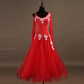 cheap Ballroom Dancewear-Ballroom Dance Dress Appliques Crystals / Rhinestones Women&#039;s Performance Long Sleeve Chinlon Organza