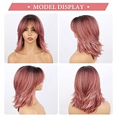 abordables Pelucas sintéticas de moda-peluca rosa ondulada en capas pelucas rosas cortas con flequillo para mujeres pelucas rosa ombre rizadas en capas de 14 pulgadas con raíces oscuras pelucas de reemplazo de cabello sintético de aspecto