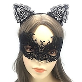 economico Maschera di Halloween &amp; Accessori-maschera mascherata in pizzo per donna, maschera mascherata nera per donna maschera per gatti fascia per orecchie di gatto con girocollo a cuore