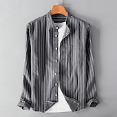 お買い得  ビジネスカジュアル-男性用 コットンリネンシャツ チャイナカラーシャツ マンダリンカラーシャツ サマーシャツ ビーチシャツ ストライプシャツ ストライプ バケーション ストリート ブラック ホワイト グレー 長袖 スタンド 春 &amp; 秋 衣類 ボタンダウン