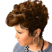 cheap Black &amp; African Wigs-Dark Brown Short Pixie Cut Wigs for Black Women Curly Hair Replacement Short Black Layered Wavy Pixie Wigs With Bangs For Black Women