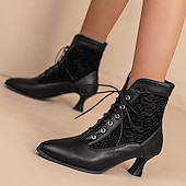 abordables Botines-Botines blancos con cordones para mujer, paneles bordados y tacón medio: estilo victoriano elegante para ocasiones formales
