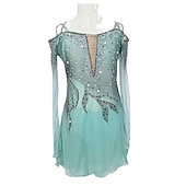 Figure Skating Dress Women's Girls' Ice Skating Dress Blue+Light Blue Patchwork Thumbhole Mesh Spandex Stretchy Training Practice Professional Skating Wear Crystal / Rhinestone Long Sleeve Figure4