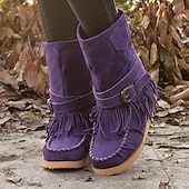 olcso Slouch Boots-női rojtos velúr mokaszin csizma csatos részletekkel - lezser és kényelmes western stílusú bokacsizma