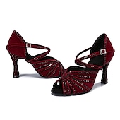 cheap Latin Shoes-Women&#039;s Latin Dance Shoes Professional Sparkling Shoes Party Stylish Sparkling Glitter Flared Heel Open Toe Buckle Adults&#039; Drak Red