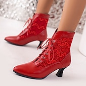 abordables Botines-Botines blancos con cordones para mujer, paneles bordados y tacón medio: estilo victoriano elegante para ocasiones formales