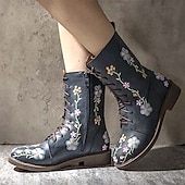 cheap Ankle Boots-Women&#039;s Vintage Floral Embroidered Lace-Up Ankle Boots - Bohemian Style Leather Boots with Side Zipper for Fall and Winter