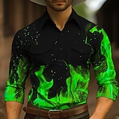 voordelige Overhemden met print voor heren-Voor heren Vlam Westers overhemd Overhemd met knopen Cowboyshirt Lange mouw Vintage Westers Dagelijks Herfst winter Strijkijzer Overhemden met kraag 3D-afdrukken Voorvak Rood Groen