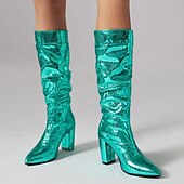 baratos Botas Slouch-botas femininas de cano alto, prateadas e metálicas – botas de salto bloco com estampa de cobra brilhante para moda de festa, clube e festival