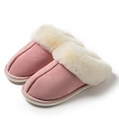 abordables Claquettes et tongs femme-pantoufles confortables doublées de polaire pour femmes avec col en fausse fourrure - chaussures d&#039;intérieur chaudes pour l&#039;hiver en rose et gris