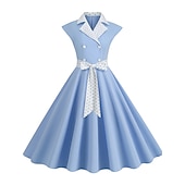 olcso Munkaruhák-Női Gomb Nyomtatott Vintage ruha Midi ruha Elegáns Pöttyös Hajtóka Ujjatlan Iroda Randi Tavasz Ősz Fekete Sárga