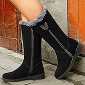 baratos Botas de neve e inverno-botas de inverno femininas de camurça preta com forro de pele sintética e zíper lateral - botas quentes e elegantes de cano médio para clima frio