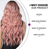 abordables Perruques Synthétiques Sans Bonnet-longue perruque rose pâle ondulée pour les femmes frange perruque cheveux synthétiques bouclés aspect naturel fibre résistante à la chaleur pour la fête quotidienne cosplay porter