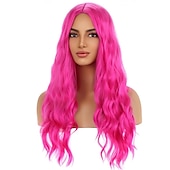 economico Parrucche trendy sintetiche-parrucca rosa caldo parrucca magenta lunghe parrucche rosa ondulate ricci per le donne ragazze parte centrale parrucche sintetiche resistenti al calore ad alta densità