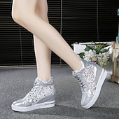 economico Sneakers da donna-sneakers da donna con zeppa traspiranti e pannello in pizzo – comode scarpe alte con lacci per uscite casual e abbigliamento estivo