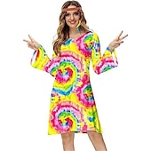 preiswerte Kleider-Hippie 1970er Disko Kleid Cosplay Kostüm Stirnband Trompetenärmel Hippie Disco Damen Mädchen Halloween Karneval Maskerade Party-Abendmode Pride Parade Pride-Monat Erwachsene Kleid Stirnband Frühling