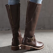 cheap Riding Boots-Women&#039;s Knee High Riding Boots with Side Zipper and Buckle – Classic Faux Leather Fall Winter Boots for Daily Wear, Commuting, and Outdoor Outfits