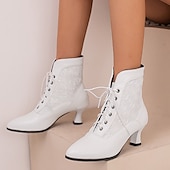 abordables Botines-Botines blancos con cordones para mujer, paneles bordados y tacón medio: estilo victoriano elegante para ocasiones formales