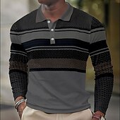 cheap Men&#039;s Printed Polo-Men&#039;s Striped Golf Shirt Long Sleeve Polo Shirts Collared Shirts Casual Vacation Wear Formal Wear Festival Wear Buttons 3D Print Fall &amp; Winter White Purple Brown