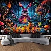 cheap Blacklight Tapestries-Mushroom Wonderland Blacklight Tapestry UV Reactive Glow in the Dark Rabbit Magic World Nature Landscape Hanging Tapestry Wall Art Mural for Living Room Bedroom