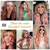 abordables Perruques Synthétiques Sans Bonnet-longue perruque rose pâle ondulée pour les femmes frange perruque cheveux synthétiques bouclés aspect naturel fibre résistante à la chaleur pour la fête quotidienne cosplay porter