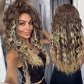 baratos Perucas Históricas-Presentes de Carnaval Peruca Ombre Loira Acinzentada Cacheada Longa para Mulheres Brancas Peruca Sintética Fluffy 80s Carnaval de Natal Fantasia para Mulheres Big Volume Tons de Marrom Loiras Perucas