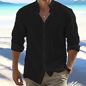 cheap Vacation-Men&#039;s Shirt Summer Shirt Beach Wear Button Up Shirt Black White Pink Red Long Sleeve Plain Band Collar Spring &amp; Summer Casual Daily Clothing Apparel 100% Cotton