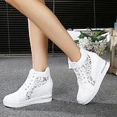 economico Sneakers da donna-sneakers da donna con zeppa traspiranti e pannello in pizzo – comode scarpe alte con lacci per uscite casual e abbigliamento estivo