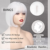 preiswerte Trendige synthetische Perücken-Kurze weiße Bob-Perücke mit Pony, gerade weiße Perücke für Frauen, natürliche synthetische kurze weiße Perücke mit Pony für die tägliche Party, Cosplay, Halloween