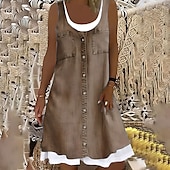cheap Plain Dress-Women&#039;s Midi Dress Shift Dress Gray Sleeveless Floral Fake two piece Summer Spring Crew Neck Modern 2023 5XL