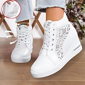 economico Sneakers da donna-sneakers da donna con zeppa traspiranti e pannello in pizzo – comode scarpe alte con lacci per uscite casual e abbigliamento estivo