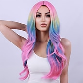 economico Parrucche trendy sintetiche-parrucca rosa caldo parrucca magenta lunghe parrucche rosa ondulate ricci per le donne ragazze parte centrale parrucche sintetiche resistenti al calore ad alta densità