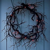 cheap Artificial Flowers &amp; Wreaths-Halloween Wreath Decoration for Front Door Orange Lights Glitter Black Branch Wreath Halloween Decorations Home Indoor Outdoor Party Wall Decor Vintage Outside Hanging Window Garland Yard Scary
