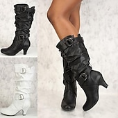 levne Slouch Boots-dámské vysoké boty ke kolenům s řemínky na přezku a štíhlým designem se středním podpatkem a všestranným stylem pro běžné i večerní nošení