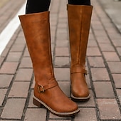 cheap Riding Boots-Women&#039;s Knee High Riding Boots with Side Zipper and Buckle – Classic Faux Leather Fall Winter Boots for Daily Wear, Commuting, and Outdoor Outfits