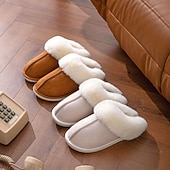 abordables Claquettes et tongs femme-pantoufles confortables doublées de polaire pour femmes avec col en fausse fourrure - chaussures d&#039;intérieur chaudes pour l&#039;hiver en rose et gris