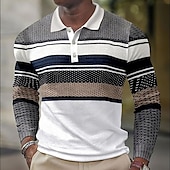 cheap Men&#039;s Printed Polo-Men&#039;s Striped Golf Shirt Long Sleeve Polo Shirts Collared Shirts Casual Vacation Wear Formal Wear Festival Wear Buttons 3D Print Fall &amp; Winter White Purple Brown
