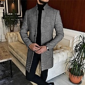cheap Men&#039;s Print Lightweight Coats-Men&#039;s Plaid / Check Geometry Winter Coat Overcoat Coat Warm Breathable Comfortable Fashion Streetwear Business Work Wear to work Going out Pocket Print Fall &amp; Winter Turndown Long Sleeve Black Gray