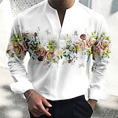 billige Plantemønster-Herre Blomstret Skjorte Skjorte med knapper Langermet Mote Gatemote Designer utendørs Avslappet Daglig Sommer Høst V-hals Trykt mønster Gul Rød Blå Lilla Grønn