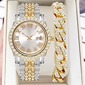 cheap Quartz Watches-Men&#039;s Quartz Watch with Chain Bracelet Set Fashion Luxury Bling Diamond Hiphop Analog Men Quartz Wristwatch Calendar Waterproof Men&#039;s Watch