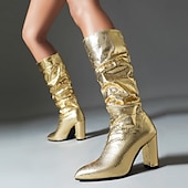 baratos Botas Slouch-botas femininas de cano alto, prateadas e metálicas – botas de salto bloco com estampa de cobra brilhante para moda de festa, clube e festival