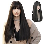 abordables Perruques Synthétiques Sans Bonnet-perruques rouges avec une frange rouge bordeaux synthétique longue perruque droite pour les femmes partie et cosplay perruque rouge vif