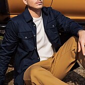 voordelige heren overhemd jas-Voor heren Overhemdjasje Overhemd khaki Leger Groen Donkerblauw Lange mouw Effen Revers Vakantie Dagelijks Voorvak Kleding Katoen Katoenmix Modieus Casual Comfortabel