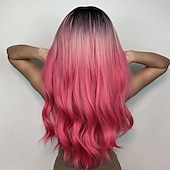 economico Parrucche trendy sintetiche-parrucche ondulate rosse lunghe ombre rosa per le donne parrucche ricci rosa nere con frangia parrucca cosplay radici scure parrucche sintetiche senza colla per l&#039;uso quotidiano delle feste