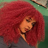 economico Parrucche di altissima qualità-Parrucche ricci da 16 pollici per donne nere parrucca riccia afro bomba nera con frangia capelli ricci crespi lunghi senza colla in fibra sintetica