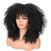economico Parrucche di altissima qualità-Parrucche ricci da 16 pollici per donne nere parrucca riccia afro bomba nera con frangia capelli ricci crespi lunghi senza colla in fibra sintetica
